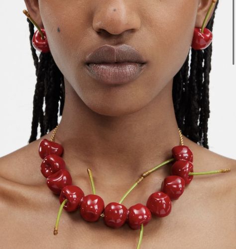 “The “Cherry Necklace” from the new Jacquemus collection” Weird Necklace, Jacquemus Collection, Cherry Accessories, August Journal, Cherry Jewelry, Pinterest Jewelry, Trends 2025, Cherry Necklace, Weird Jewelry