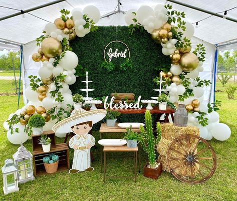 Mariachi Theme Party Decoration, Bautizo Ideas Decoracion Charro, Mexican Baptism Ideas Boy, Rustic Baptism Decor, Backyard Baptism Party, Boy Bautizo Party Ideas, Charro Baptism Decorations, Charro Birthday Party Ideas Boy, Charro Theme Bautizo