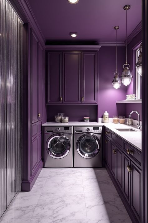 Opulent laundry space featuring purple walls and silver appliances Purple Utility Room, Purple Rv Interior, Laundry Room Purple, Dramatic Laundry Room, Purple Paint Room, Purple Laundry Room, Purple House Interior Ideas, Dark Laundry Room, Dark Laundry