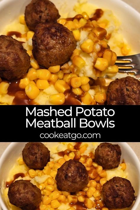 Looking for an easy dinner?? The ultimate comfort food of Meatball Potato Bowls – a quick and easy weeknight dinner that's bursting with flavor! Juicy meatballs nestled on a bed of creamy mashed potatoes, topped with savory gravy and your favorite veggies. It's a deliciously satisfying meal that will have your family asking for seconds. Perfect for busy nights when you crave homemade goodness without the fuss. Pin to your easy dinner recipe Pinterest board for later. Meatball Mashed Potato Casserole, Meatball And Mashed Potatoes, Meatball Potato, Meatball Bowl, Meatball Bowls, Potato Bowls, Juicy Meatballs, Potato Bowl, Hotdish Recipes