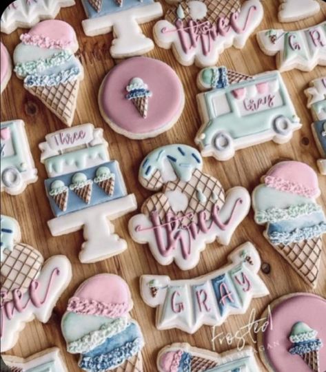 Three Scoops Of Fun Cookies, 3 Scoops Of Fun Birthday Cookies, Ice Cream Birthday Cookies Decorated, Ice Cream Royal Icing Cookies, Ice Cream Sugar Cookies Decorated, Ice Cream Birthday Cookies, Ice Cream Theme Cookies, Ice Cream Cookies Decorated, Two Sweet Cookies