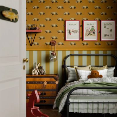 Balmoral – Lucie Annabel Mustard Room Walls, Fun Boy Wallpaper, Mustard Office Decor, Mustard Yellow Laundry Room, Ocher Walls, Yellow Panelling, Navy And Mustard Bedroom, Mustard Yellow Bedroom, Yellow Boys Bedroom