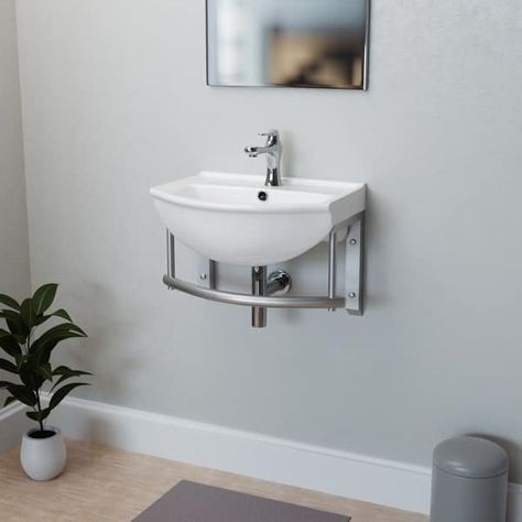 Wall Mounted Bathroom Sink Ridge 17-3/4" White Porcelain Sink with Faucet, Drain, Towel Bar and Overflow Renovators Supply - N/A - Bed Bath & Beyond - 33752042 Tiny Bathroom Sinks, Small Bathroom Sink Design, Tiny Bathroom Sink Ideas, Floating Sink Bathroom Small Spaces, Small Powder Room Sink, Tiny Bathroom Sink, Mounted Bathroom Sink, Big Shower, Wall Hung Sink