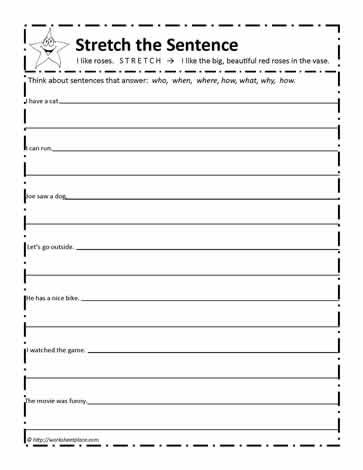 Stretch the Sentence Worksheet Stretch The Sentence, The Sentence Worksheet, Simple Sentences Worksheet, Sentence Worksheet, Expanding Sentences, Writing Sentences Worksheets, Writing Complete Sentences, Second Grade Writing, Sentence Activities