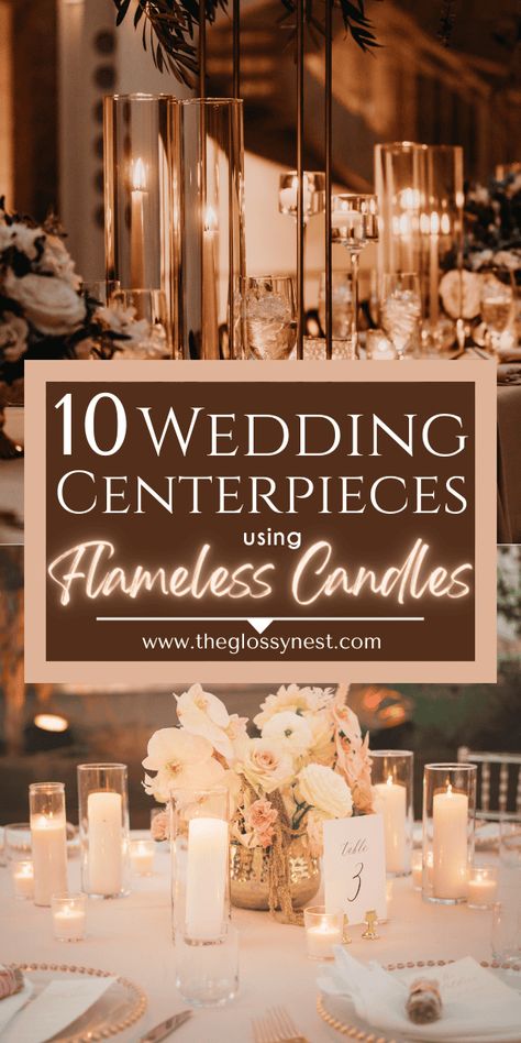 Can’t have real flame candles at your wedding reception? These simple flameless candles wedding centerpieces are just as beautiful, yet totally safe! With candle wedding centerpieces you get an elegant glow & a romantic mood for the evening. Check out these wedding decorating ideas using flameless candles for reception centerpieces. Use tea lights, floating, taper, pillar & stick LED candles for table decor, round tables & long tables, tall & hanging centerpieces with flowers & greenery. Votive Candle Centerpieces Wedding, Flameless Candles Wedding Centerpieces, Flameless Candle Centerpiece, Led Candles Wedding, Classic Wedding Centerpieces, Flameless Candles Wedding, Tea Lights Centerpieces, Round Wedding Tables, Wedding Centerpiece Ideas