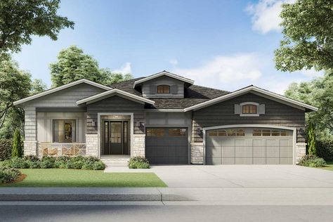 The smart layout of this one-level, Craftsman home plan features an open and inviting gathering space that extends outdoors onto a large, partially-covered patio.The kitchen hosts a massive cooktop island with seating for nine (yes, nine!) along with plenty of cabinet space for storage.A sizable mudroom greets you when entering from the 3-car garage and includes built-in cubbies, while bordered by a powder bath and laundry room.The master bedroom is privately situated towards the rear of the ... Bath And Laundry Room, Craftsman Home Exterior, One Level House Plans, Built In Cubbies, Island Cooktop, One Level Homes, Craftsman Home, Craftsman Style Home, Craftsman Style House Plans