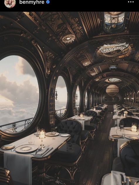 Steampunk Train Interior, Transatlantic Aesthetic, Hopepunk Aesthetic, Steampunk Scenery, Airship Interior, Dreamscape Architecture, Steampunk City, Steampunk Airship, Steampunk Aesthetic