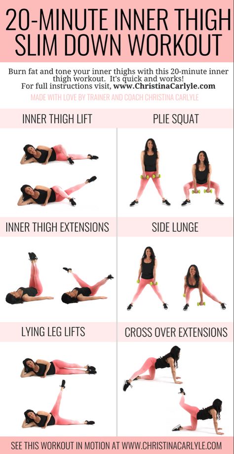 20 Minute Inner Thigh Slim Down Workout - A quick inner thigh workout that will help you burn fat and slim down your thighs in 20 minutes flat. From Trainer Christina Carlyle. https://christinacarlyle.com/20-minute-inner-thigh-slim-down-workout/ Inner Thigh Lifts, Mental Health Articles, Health And Fitness Expo, Thigh Workout, Inner Thigh Workout, Trening Fitness, Health And Fitness Articles, Fitness Articles, Thigh Exercises