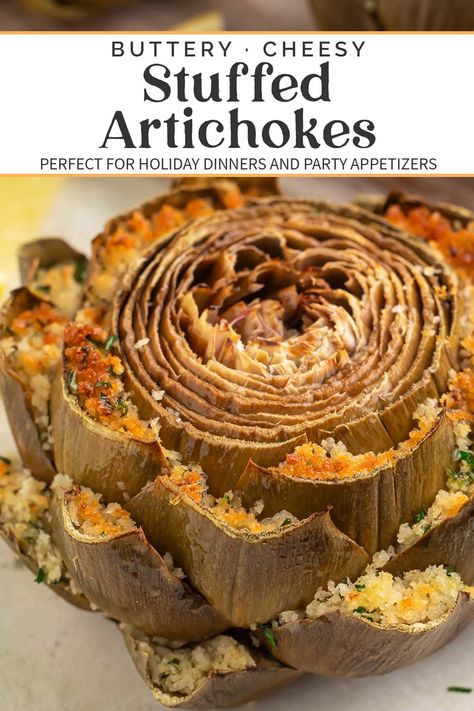 Tender steamed artichokes stuffed with garlicky, buttery breadcrumbs, this recipe is perfect any time you want to impress! Excellent for dinner parties, company, holidays, or whenever you need a recipe that feels special. Serve with melted butter or any other sauce for dipping. Stuffed Artichoke Recipes, Steamed Artichoke Recipes, Steamed Artichoke, Steamed Artichokes, Steam Artichoke, Stuffed Artichokes, Baked Artichoke, Artichoke Recipes, Cookie Scoop