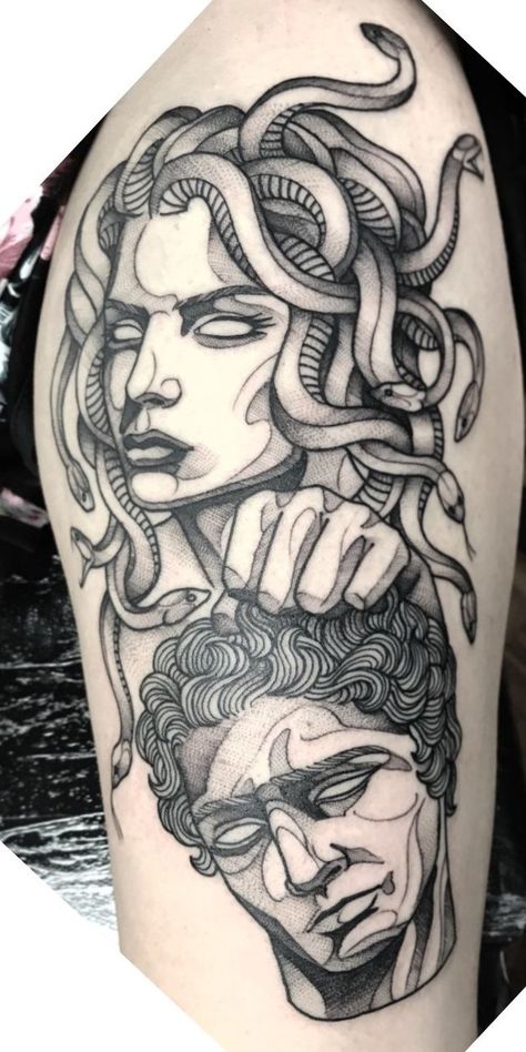 170+ Medusa Tattoos Designs With Meanings (2023) - TattoosBoyGirl Three Sister Tattoos, Medusa Tattoos, Poseidon Tattoo, Medusa Tattoo Design, Statue Tattoo, Greek Mythology Tattoos, Tattoo Magazine, Goddess Tattoo, Mythology Tattoos