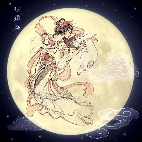 Chang'e Chinese Moon Goddess, Change Over The Moon, Chang E Goddess, Chang’e Moon Goddess, Asian Gods And Goddesses, Chang Er Moon Goddess, Chinese Mythology Art, Chang'e Goddess Over The Moon, Japanese Moon Goddess