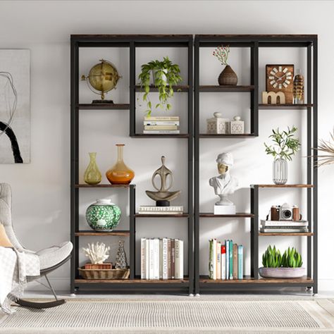 Tishera Etagere Bookcase Bookcases In Living Room, Office Bookshelf Decor, Home Library Rooms, Tall Bookshelves, Tall Bookcase, Open Bookshelves, Lampshade Makeover, Tall Bookcases, Regal Design