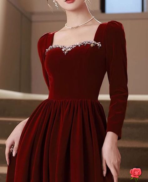 Dark Red Dress Long Elegant, Sweater With Trousers, Pale Foundation, Velvet Dresses Outfit, Beautiful Gown Designs, Red Dress Casual, Bold Eyeliner, Velvet Evening Dress, Dark Red Dresses