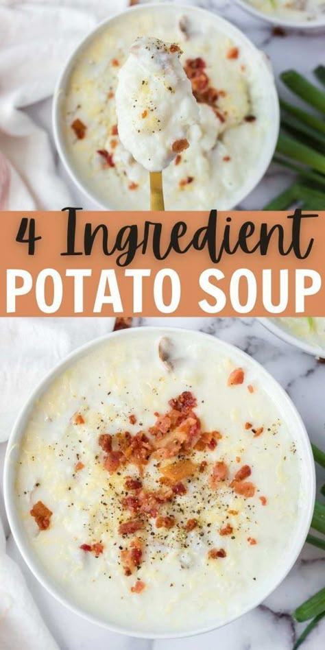 This delicious and easy potato soup only requires 4 ingredients and is packed with tons of flavor too! This soup is ready in no time at all on the stovetop. Top with your favorite baked potatoes topping and the entire family will enjoy this easy soup recipe! #eatingonadime #souprecipes #potatosouprecipes #easydinners Home Made Potato Soup Recipes, Tater Soup Recipes Easy, Southern Living Potato Soup, Potato Soup For Two Easy, Potato Soup For One Person, Potato Soup Without Flour, Easy Simple Potato Soup, Potato Soup Without Cheese, Easy Stove Top Potato Soup