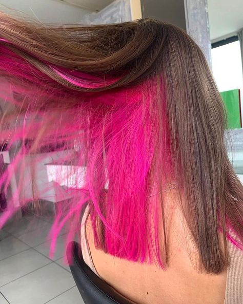 Pink Hair Color Underneath, Pink Hair Streaks On Brown Hair, Pink Color Underneath Hair, Bright Pink And Blonde Hair, Dark Brown Hair With Hot Pink Underneath, Purple Pink Underneath Hair, Peekaboo Hot Pink Hair, Pink Underhair Dye, Peakaboo Hair Pink