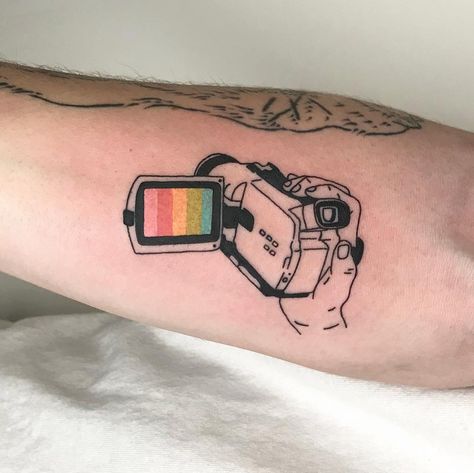 Shannon Wolf 〰 (She/They) on Instagram: “An itty bitty hi8 video camera for Mike, thanks for making the trip from St Louis! Made at @daydreamtattoo.” Doodle Tattoo, Music Tattoo, Music Tattoos, Eye Tattoo, Mom Tattoos, Couple Tattoos, Creative Tattoos, Video Camera, Meaningful Tattoos