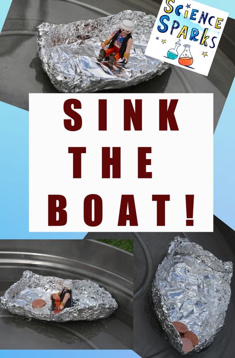 Sink the boat STEM Challenge - how many coins can a foil boat hold before it sinks #STEMChallenge #PirateSTEM Boat Stem Challenge, Ocean Science Experiments, Transportation Science, Early Years Science, Foil Boat, Science Experiments Kids Preschool, Pre-k Science, Boat Theme, Science Experiments For Kids