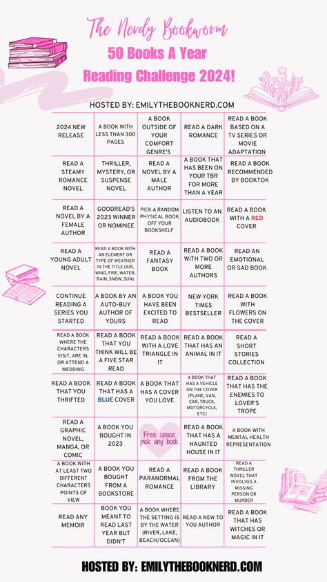 Introducing The Nerdy Bookworm 50 Books A Year Reading Challenge 2024! Taylor Swift Reading Challenge, Book Challenge 2024, 2024 Book Reading Challenge, 2024 Reading Challenge, Year Reading Challenge, Book Checklist, Book Bingo, Reading List Challenge, Summer Reading Challenge