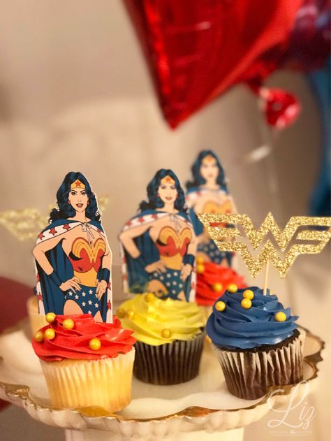 ⭐️ | Wonder Woman Birthday Party | customized | personalized party  | party decor  | party goods | paper goods | cricut made | super hero party | superhero theme | cricut exploreair | made with cricut | party decoration | hand made | treats table | cake table | backdrop | dessert table  | cupcakes | cupcake toppers Dessert Table Cupcakes, Princess Birthday Party Games, Birthday Cupcakes For Women, 40th Birthday Cupcakes, Birthday Gift Picture, Wonder Woman Cake, Treats Table, Wonder Woman Birthday Party, Cake Table Backdrop