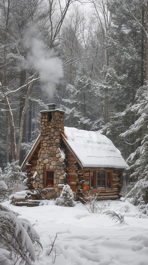 Cozy log cabin with smoke coming out of chimney in snowy forest - Winter haven in nature's beauty Snowy Cabin In The Woods, Cozy Winter Cabin, Cabin Style Homes, Log Cabin Plans, Snowy Cabin, Little Cabin In The Woods, Cozy Log Cabin, Cabin Aesthetic, Log Cabin Rustic