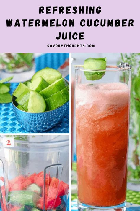 Cool down this summer with this Watermelon Cucumber Juice. It is light and refreshing. Great for body detox and contain only four ingredients. This drink is blended with fresh watermelon and cucumbers. All natural, and REFINED SUGAR-FREE. Cheers! #drink #watermelonjuice #summerdrink #savorythoughts @Msavorythoughts | savorythoughts.com Cucumber And Watermelon Juice, Cucumber Juice Recipe Juicers, Juicing Recipes Watermelon, Watermelon Cucumber Drink, Watermelon Cleanse, Refreshment Drinks, Cucumber Juice Benefits, Fresh Watermelon Juice, Juice Watermelon