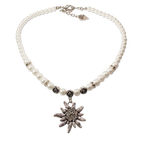 PRICES MAY VARY. Length traditional costume necklace: approx. extension chain 16.14 + 2.76 inches (ca. 41 cm + 7 cm) , Edelweiss-pendant with rhinestones: 1.77 x 1.57 inch (ca. 4,5 x 4 cm) Beautiful dirndl jewelry made of wax pearls, pearl necklace made by hand, comfortable to wear Traditional costume necklace perfect for bavarian costume outfits (dirndl, lederhosen, traditional blouse, Oktoberfest) and traditional costume wedding This traditional costume necklace makes the cleavage shine! The p Bavarian Costume, Jewelry Gallery, Costume Necklaces, Jewelry Beaded, Pearl Types, I Love Jewelry, Lovely Jewellery, Matching Bracelets, Pricing Jewelry