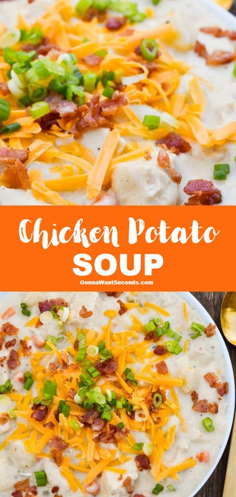 *NEW* Chicken potato soup is a crazy delicious soup with tender potatoes, succulent chicken and wholesome veggies swimming in a savory cream sauce. #ChickenPotatoSoup #ChickenSoup #Soups #PotatoSoups #Chicken Potato Soup With Bone Broth, Chicken And Potatoes Crock Pot Soup, Chicken And Potatoes Soup Recipes, Crockpot Chicken Potato Soup, Chicken Potatoes Soup, Chicken Potato Soup Recipes, Creamy Chicken And Potato Soup, Potato Soup With Chicken, Chicken And Potato Soup