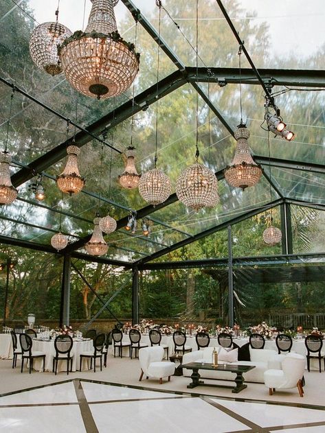 Dreamy hanging chandeliers and black accents tied together to create this tented wedding reception | wedding ideas,wedding inspo,wedding trends,wedding reception,wedding reception decor,wedding reception ideas,wedding table decor,wedding tablescape,wedding table centerpiece,wedding flowers,wedding flower arrangements,romantic wedding,romantic wedding decor,dream wedding,elegant wedding decor,luxury wedding,tented wedding,tented wedding reception,wedding 2023,wedding #wedding #weddingdecoration Chandelier Wedding Decor, Greenhouse Venue, Tented Wedding Reception, Outdoor Tent Wedding, Elegant Wedding Decor, Events Place, Wedding Reception Ideas, Garden Wedding Reception, Tented Wedding