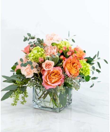 Looking for the perfect birthday or new baby gift? Make someone's day with the creatively designed Sweet Charlotte arrangement. Its highlighted flowers include Free Spirit Roses, peach carnation, hypericum berries, peach spray roses, mini green hydrangea, and different varieties of eucalyptus. It's a great gift for a friend for any occasion. #AllansFlowers Peach Carnation, Spring Flower Arrangements, Hypericum Berries, Spring Floral Arrangements, Valley Flowers, Green Hydrangea, Square Vase, Flower Arrangements Simple, Floral Arrangements Diy