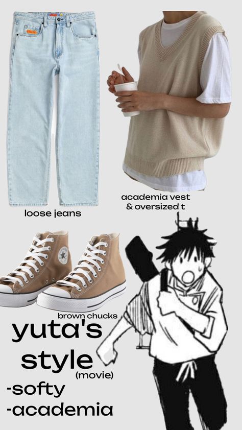 yuta s1 jjk #outfitinspo Jujutsu Kaisen Outfit Ideas, Jujutsu Kaisen Inspired Outfits, Anime Inspired Outfits Men, Yuji Outfit, Outfits Inspired By Anime Characters, Anime Character Outfits, Anime Outfits Men, Jujutsu Kaisen Outfits, Yuta Outfit