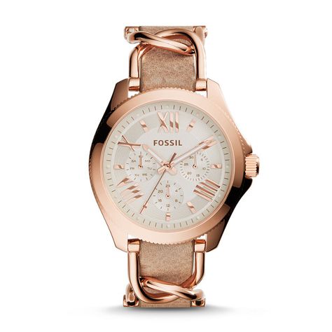 Cecile Multifunction Sand Leather & Rose-Tone Stainless Steel Watch Fossil Purses, Fossil Leather Watch, 30th Birthday Presents, Fossil Watches Women, Gold Everything, Classy Watch, Fossil Jewelry, Modern Watches, Fossil Watches