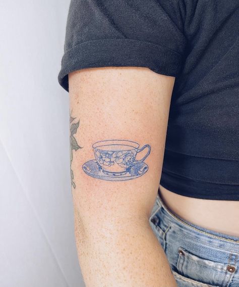 Blue Teacup Tattoo, China Plate Tattoo, China Teacup Tattoo, Dinner Plate Tattoo, China Cup Tattoo, Regency Tattoo Ideas, Simple Teacup Tattoo, China Tea Cup Tattoo, Tea Cup Tattoo Ideas