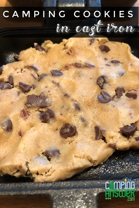 raw cookie dough in a pie iron with white text on a black banner Camping Baking Ideas, Cookies On The Grill, Cast Iron Pan Desserts, Campfire Cookies Recipes, Dessert Over Campfire, Campfire Biscuits Cast Iron Skillet, Cast Iron Desserts Camping, Camping Desserts Campfire, Campfire Biscuits