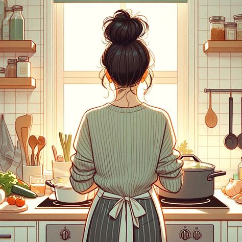 Mom Cooking Illustration, Cooking Illustration Drawing, Chef Illustration Drawing, Woman Cooking Aesthetic, Cooking Chef Aesthetic, Cooking Aesthetic Wallpaper, Aura Book, Girly Art Illustrations Life, Chef Illustration