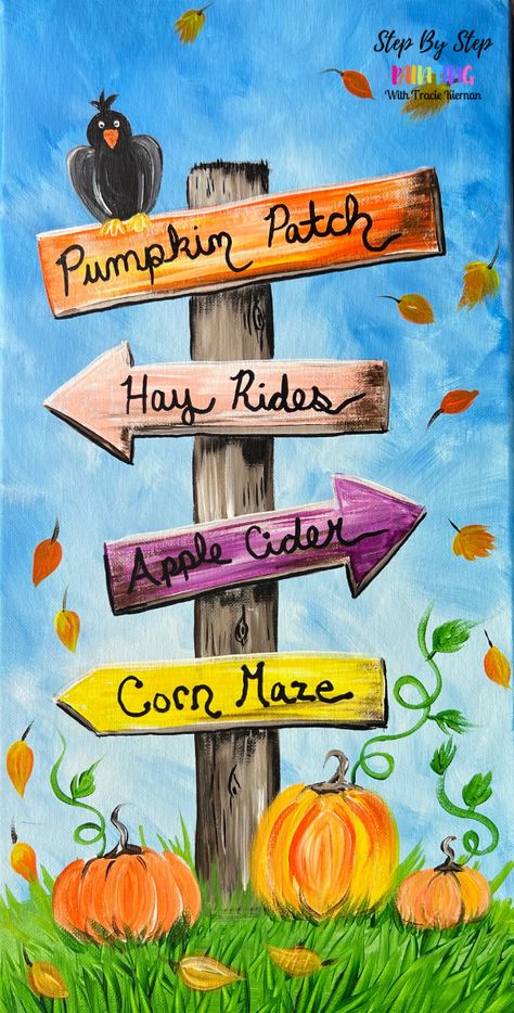 Fall Harvest Paintings On Canvas, Diy Fall Painting On Wood, Fall Diy Canvas Painting Easy, Easy Scarecrow Painting, Harvest Painting Ideas, Cute Autumn Paintings, Pumpkin Patch Painting On Canvas, Whimsical Fall Paintings, Thanksgiving Canvas Painting Easy