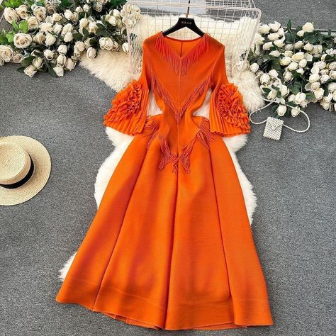 New Arrivals Are we ready??? Orange Dresses Formal, Orange Dresses, Ruffled Sleeves, Maxi Dresses Casual, Loose Dress, Dresses Formal, Flared Sleeves, Pleated Dress, Long Dress