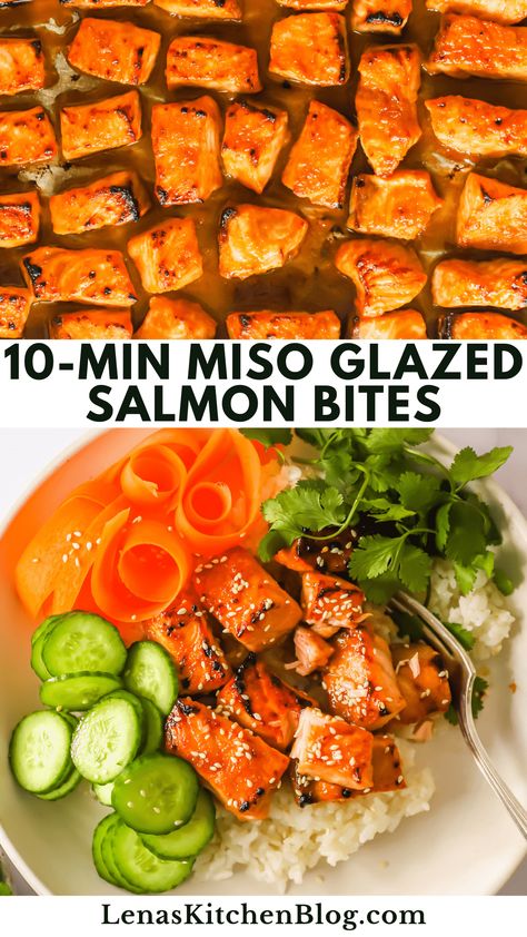 Miso Salmon Bites, Salmon Miso Glaze, Miso Dishes, Glazed Salmon Bites, Miso Sauce Recipe, Miso Salmon Recipe, Japanese Flavors, Salmon Bites Recipe, Miso Glazed Salmon