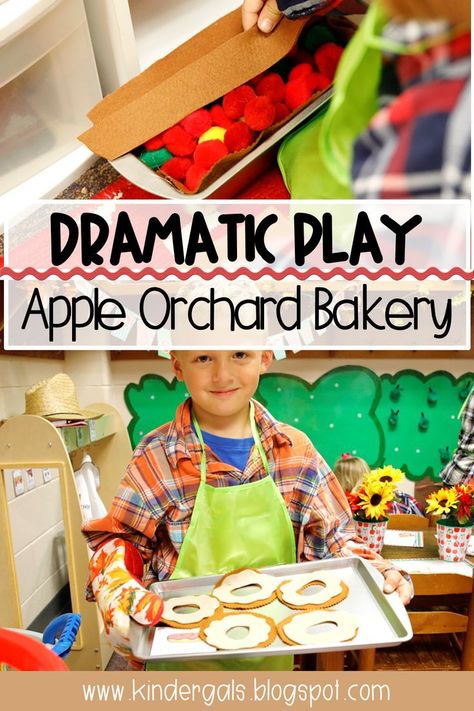 Set up this Apple Orchard in your dramatic play/house area for the kids in your class.  You will find ideas and printables for easy set up of this center that builds both literacy and math kindergarten and preschool standards. This fall themed DIY activity is perfect for kids. #fall #appleorchard #dramaticplay Apple Orchard Room Transformation, Apple Theme Block Center, Dramatic Play House, Preschool Standards, Apple Orchard Dramatic Play, Bakery Dramatic Play, Preschool September, Centers Preschool, Play Preschool