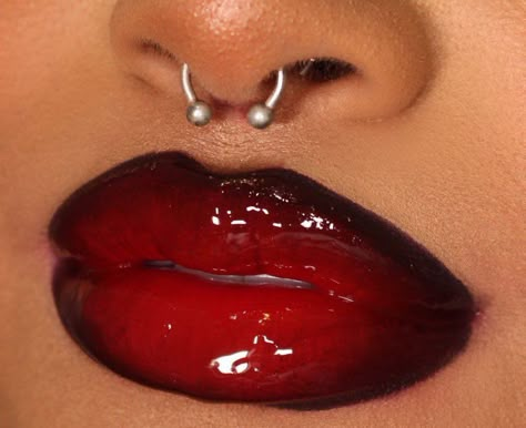 Vampy Red Lip, Dark Red And Black Makeup, Red And Black Makeup Looks Goth, Prom Lip Makeup, Black And Red Prom Makeup, Black Lips Aesthetic, Vampy Lip Combo, Red Y2k Makeup, Red Mascara Looks