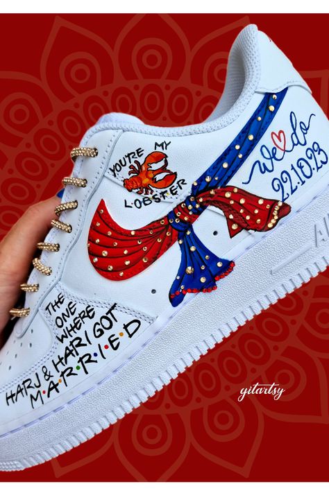 Hand painted Indian bridal wedding knot - custom Nike AF1 sneakers painted by Gitartsy Indian Wedding Sneakers, Shoe Customs, Wedding Knot, Bridal Sneakers, Painted Sneakers, Wedding Sneakers, Custom Nike, Popular Shoes, Shoes Wedding