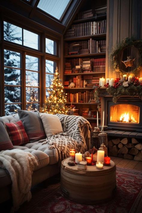 Cozy Winter Cabin, Cozy Christmas Living Room, Winter Decorations Diy, Cabin Christmas, Christmas Living Rooms, Christmas Fireplace, Christmas Room, Wood Bedroom, Cozy Fireplace