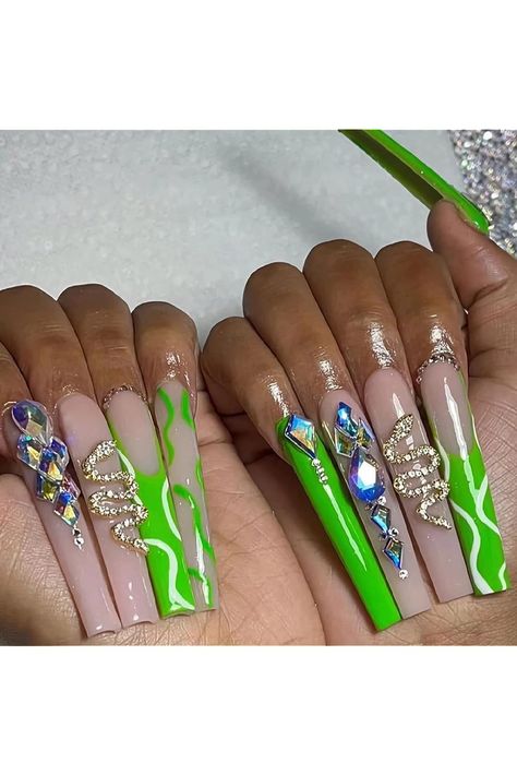 BABALAL Coffin Press on Nails Long Fake Nails Green French Tip Glue on Nails Snake Rhinestone Acrylic Nails Ballerina False Nails with Design Unghie Sfumate, Long Press On Nails, Nagel Tips, Manicure Tips, Nail Type, Coffin Press On Nails, Y2k Nails, Fake Nails With Glue, New Nail Art