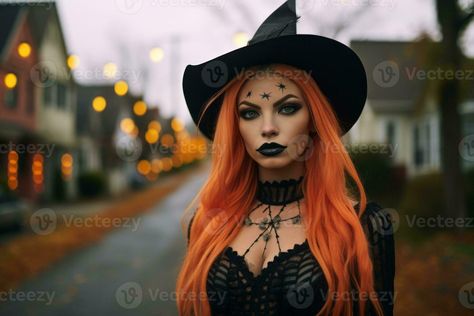 a beautiful woman with orange hair wearing a witch hat generative AI Orange Hair Halloween, Halloween Time, Wedding People, Witch Costume, Hair Wear, Cityscape Photos, Orange Hair, Heart With Arrow, A Witch