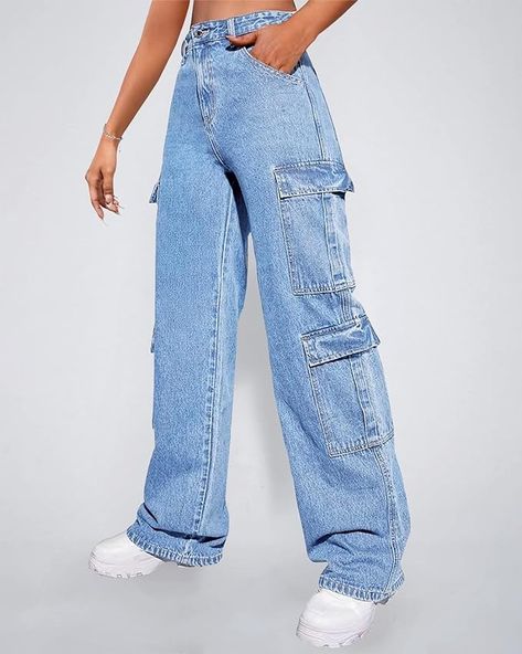 Women's High Waist Cargo Jeans Flap Pocket Baggy Cargo Pants Y2K Wide Leg Denim Jeans-M Light Blue. at Amazon Women's Jeans store Wide Leg Denim Jeans, Jeans Store, Pants Y2k, Streetwear Pants, Baggy Cargo Pants, Jeans Y2k, Cargo Jeans, Y2k Streetwear, Wide Leg Denim