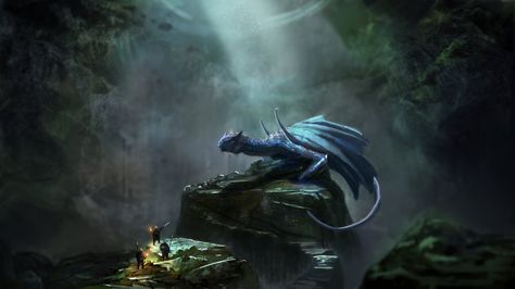 Dragon Lair, Will Roberts on ArtStation at https://www.artstation.com/artwork/DxYnR Dragon Den Fantasy Art, Sea Dragon Concept Art, Dragons Lair Art, Dragon Cave Concept Art, Blue Dragon Lair, Dragon Cave, Fairytale Creatures, Dragon's Lair, Digital Painting Techniques