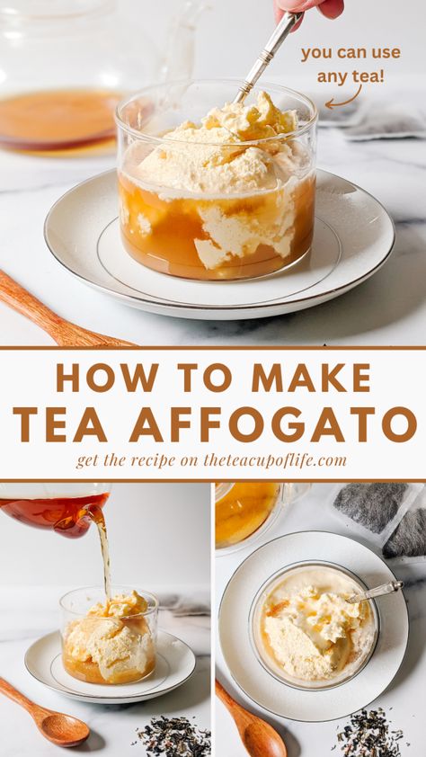 tea affogato recipe Simple Tea Recipes, Unique Cafe Drinks, Cooking With Tea, Tea Desserts Afternoon, Tea Flavored Desserts, Tea Infused Desserts, Tea Dessert Recipes, Tea Affogato, Tea Party Drinks