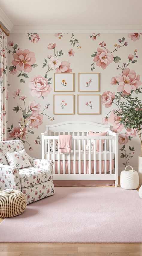 Nursery Room Ideas Flower Baby Girl Nursery, Pink Floral Nursery Ideas, Garden Nursery Girl, Flower Nursery Baby Girl, Girl Nursery Floral, Floral Baby Nursery, Nursery Room Ideas, Nordic Nursery