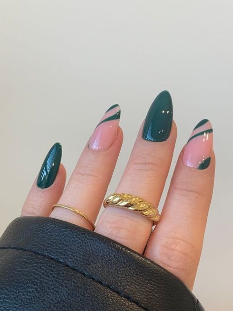 Low Key Nail Designs, Deep Teal Nails Design, Dark Green Nails With Accent Nail, Dark Green Nails Almond Shape, Peacock Green Nails, Dark Turquoise Nails Designs, Dark Teal Nail Ideas, French Girl Nails, Teal Nails With Design