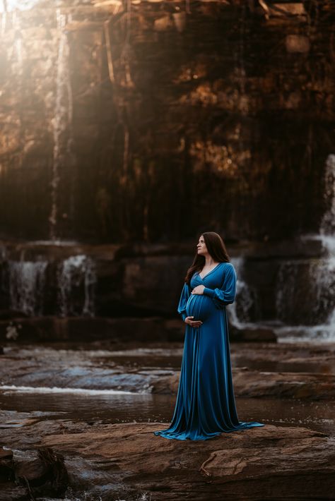 Maternity Photo Shoot Ideas Waterfall, Maternity Photoshoot Waterfall, Maternity Waterfall Photography, Maternity Shoot Waterfall, Waterfall Pregnancy Shoot, Adventure Maternity Shoot, Castle Maternity Shoot, Creek Maternity Photos, Waterfall Maternity Shoot