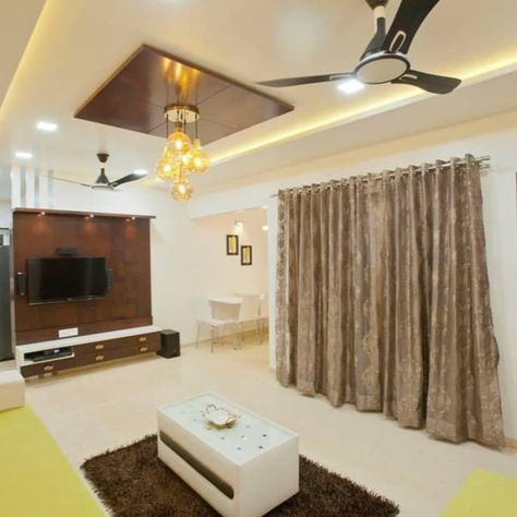 Beautiful and functional design for a 1200 sq ft home in Pune Fall Ceiling Designs, Hall Pop, Living Room Designs India, Lcd Unit, Hall Ceiling, Fall Ceiling, New Ceiling Design, Indian House, Pop Ceiling